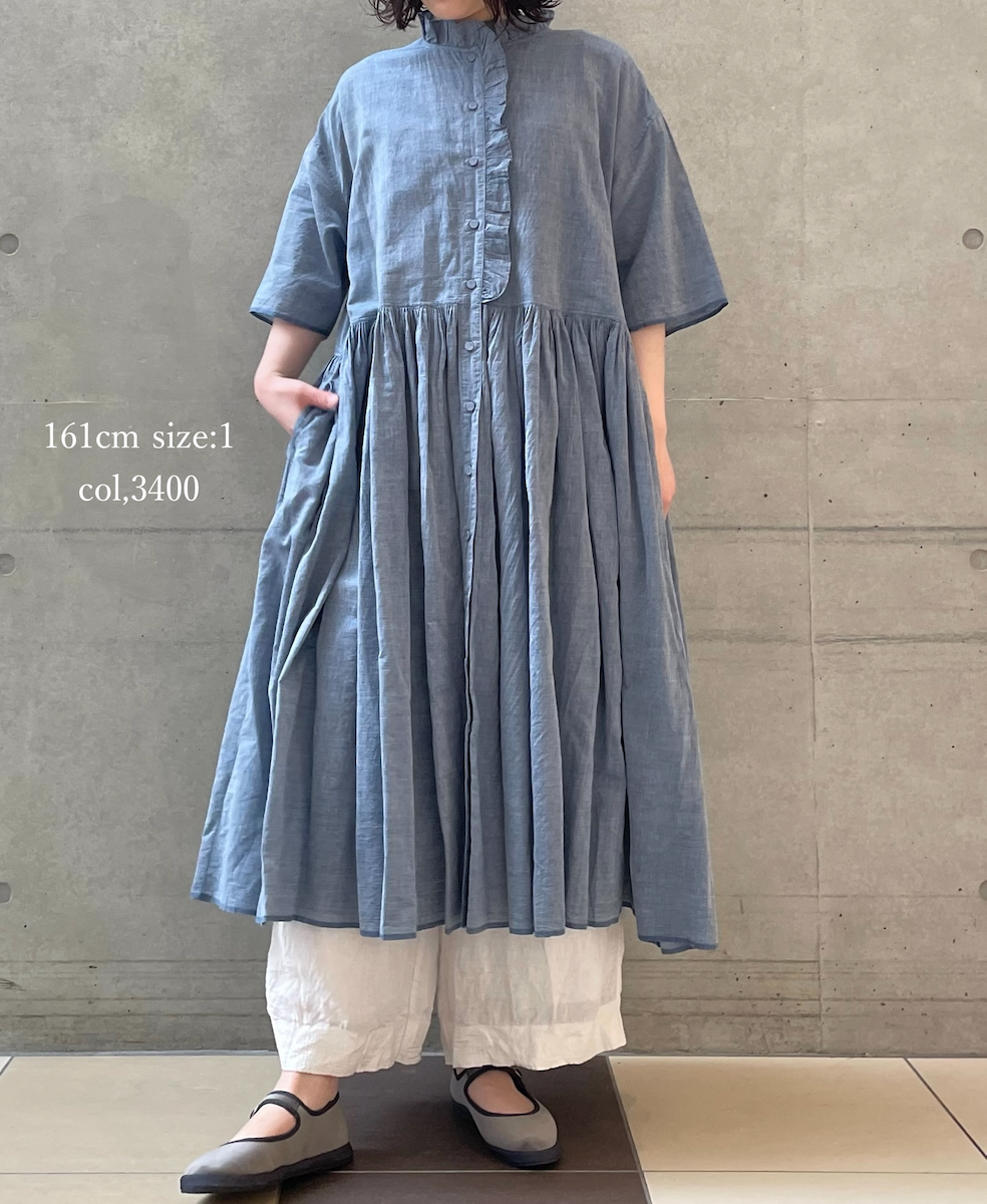 INMDS26042(ワンピース) HANDWOVEN YARN DYE CHAMBRAY FRILL COLLAR SHIRTS DRESS WITH RAJASTHAN GATHER