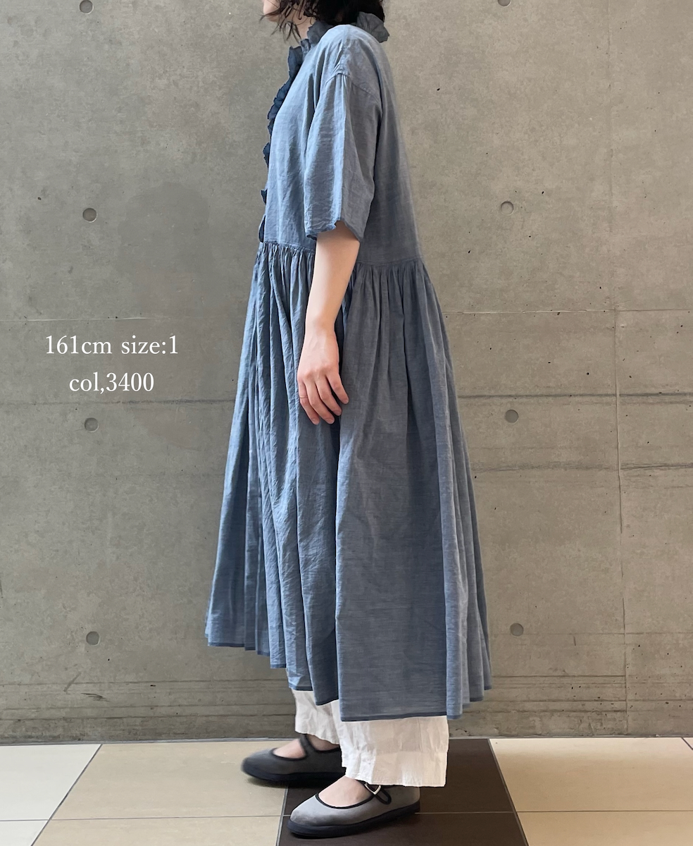 INMDS26042(ワンピース) HANDWOVEN YARN DYE CHAMBRAY FRILL COLLAR SHIRTS DRESS WITH RAJASTHAN GATHER