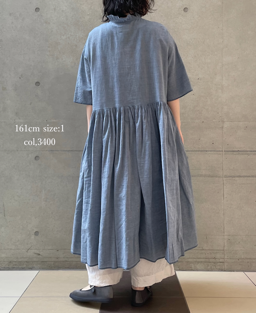 INMDS26042(ワンピース) HANDWOVEN YARN DYE CHAMBRAY FRILL COLLAR SHIRTS DRESS WITH RAJASTHAN GATHER