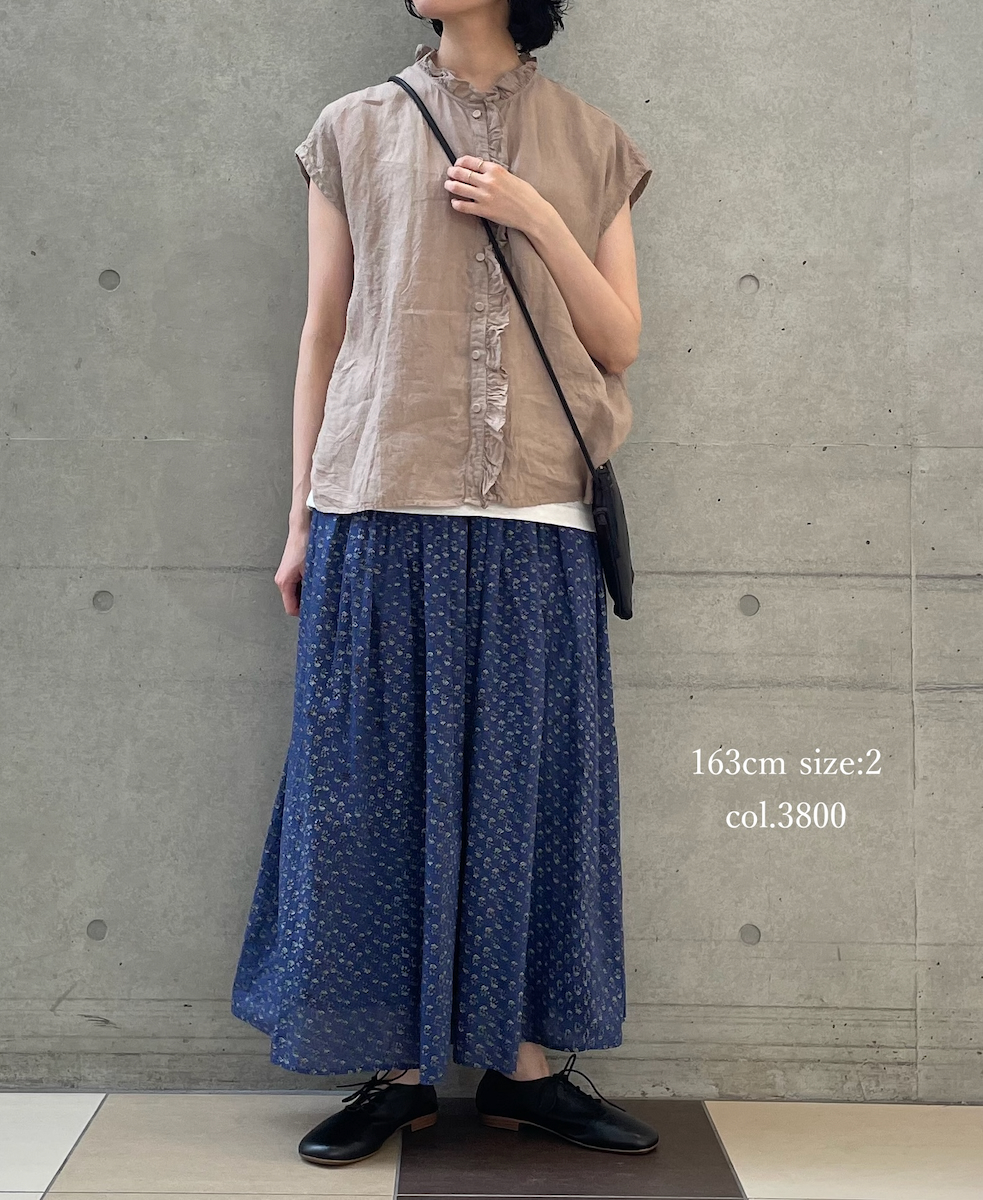 NMDS26254(スカート) 80s VOILE SMALL GENTIANA BLOCK PRINT GATHERED SKIRT WITH LINING
