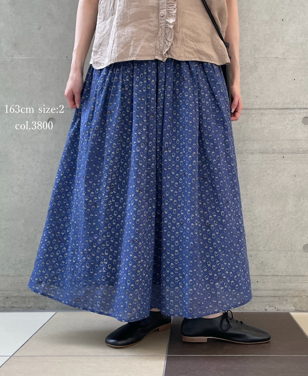 NMDS26254(スカート) 80s VOILE SMALL GENTIANA BLOCK PRINT GATHERED SKIRT WITH LINING