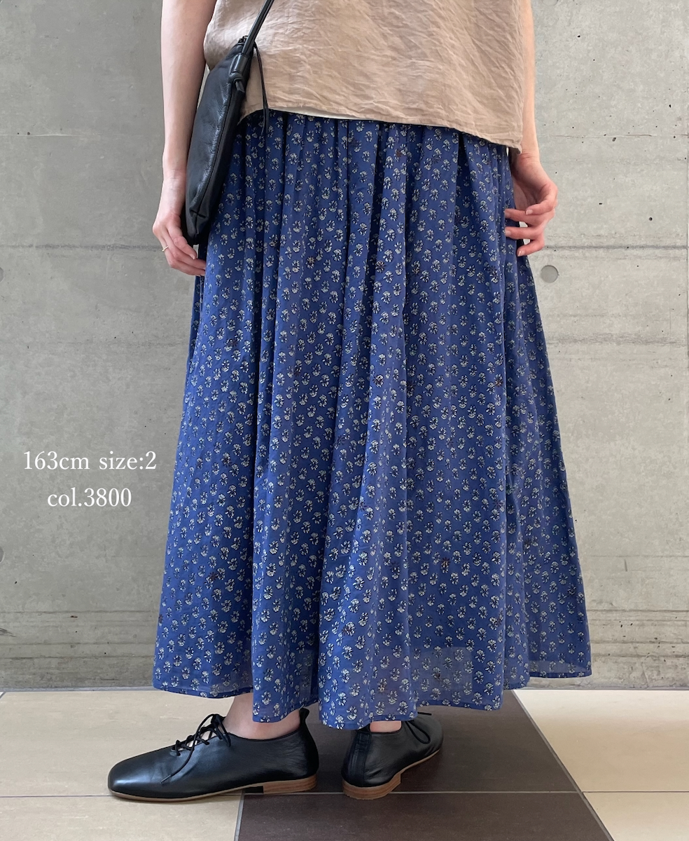 NMDS26254(スカート) 80s VOILE SMALL GENTIANA BLOCK PRINT GATHERED SKIRT WITH LINING