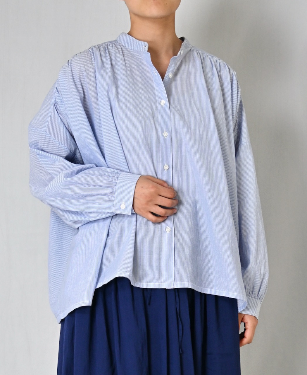 NSL26011(シャツ) 80s COTTON VOILE STRIPE BANDED COLLAR GATHER SHIRT
