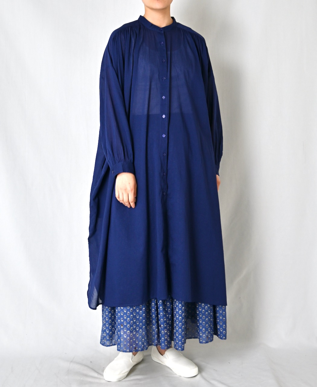 NSL26024(ワンピース) 80s COTTON VOILE PLAIN BANDED COLLAR GATHERED SHIRT DRESS