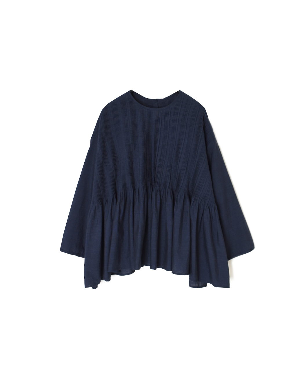 INMDS26052(シャツ) HANDWOVEN COTTON HAKEME CREW NECK 3/4SL SHIRTS WITH RANDOM PLEATS