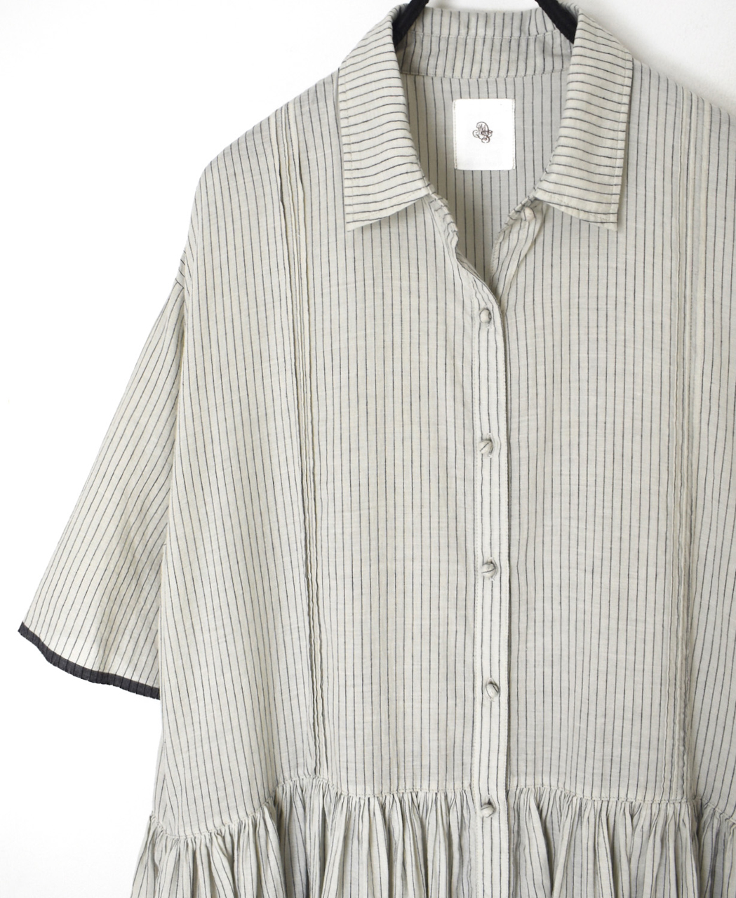 INMDS26064(ワンピース) HANDWOVEN COTTON STRIPE REGULAR COLLAR SHIRTS DRESS WITH RAJASTHAN GATHER