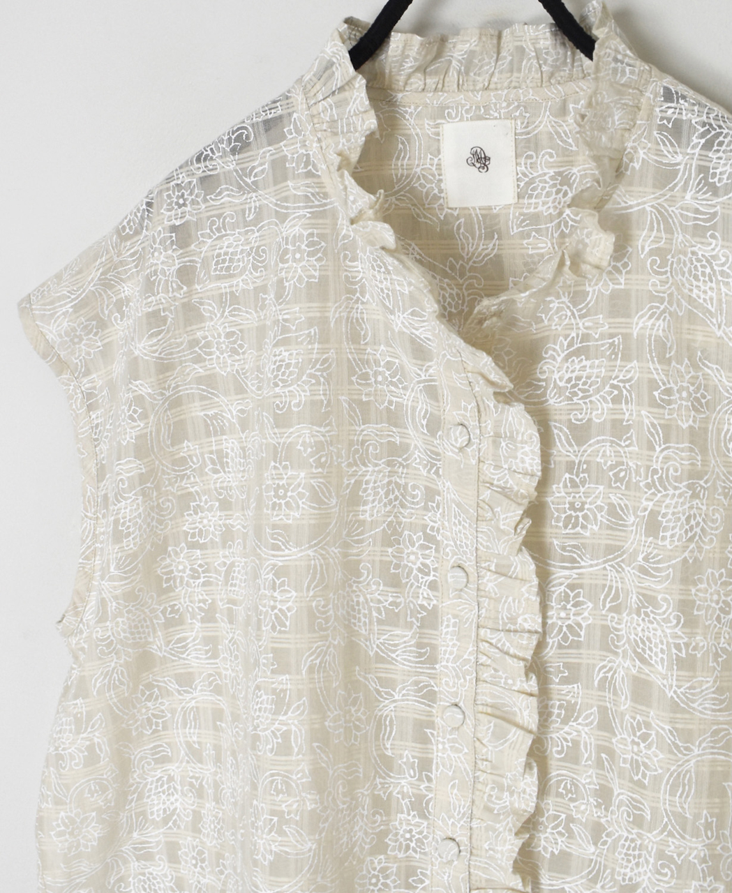 INMDS26092(シャツ) POWER LOOM COTTON DOBIE CHECK FLOWER HAND SCREEN PRINT FRENCH/SL FRILL COLLAR SHIRTS