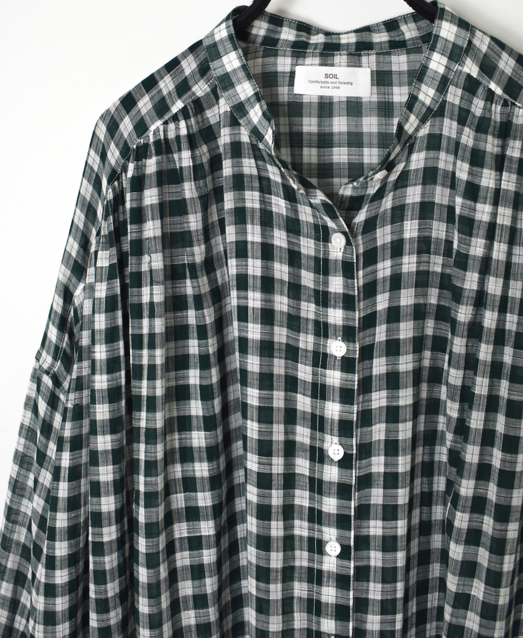 NSL26103(ワンピース) FANCY GINGHAM CHECK BANDED COLLAR GATHER SHIRT DRESS