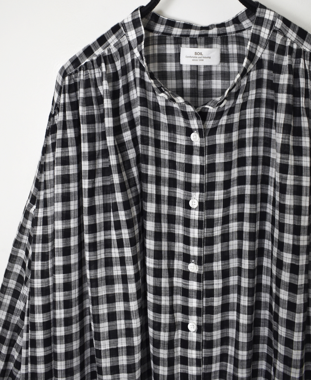 NSL26103(ワンピース) FANCY GINGHAM CHECK BANDED COLLAR GATHER SHIRT DRESS