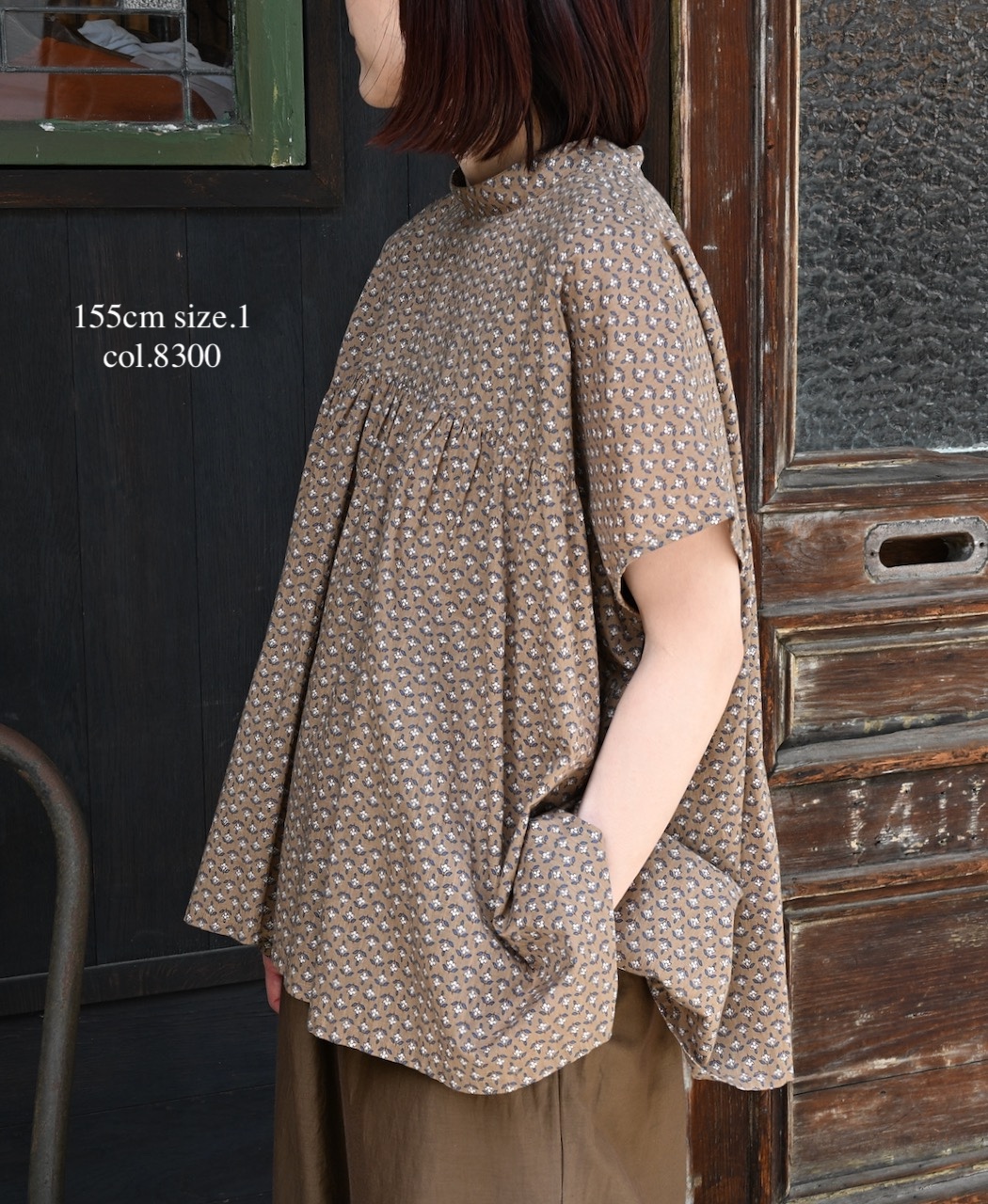 NSL26032(シャツ) COTTON SLUB SMALL FLOWER PRINT BACK OPENING STAND COLLAR SHIRT