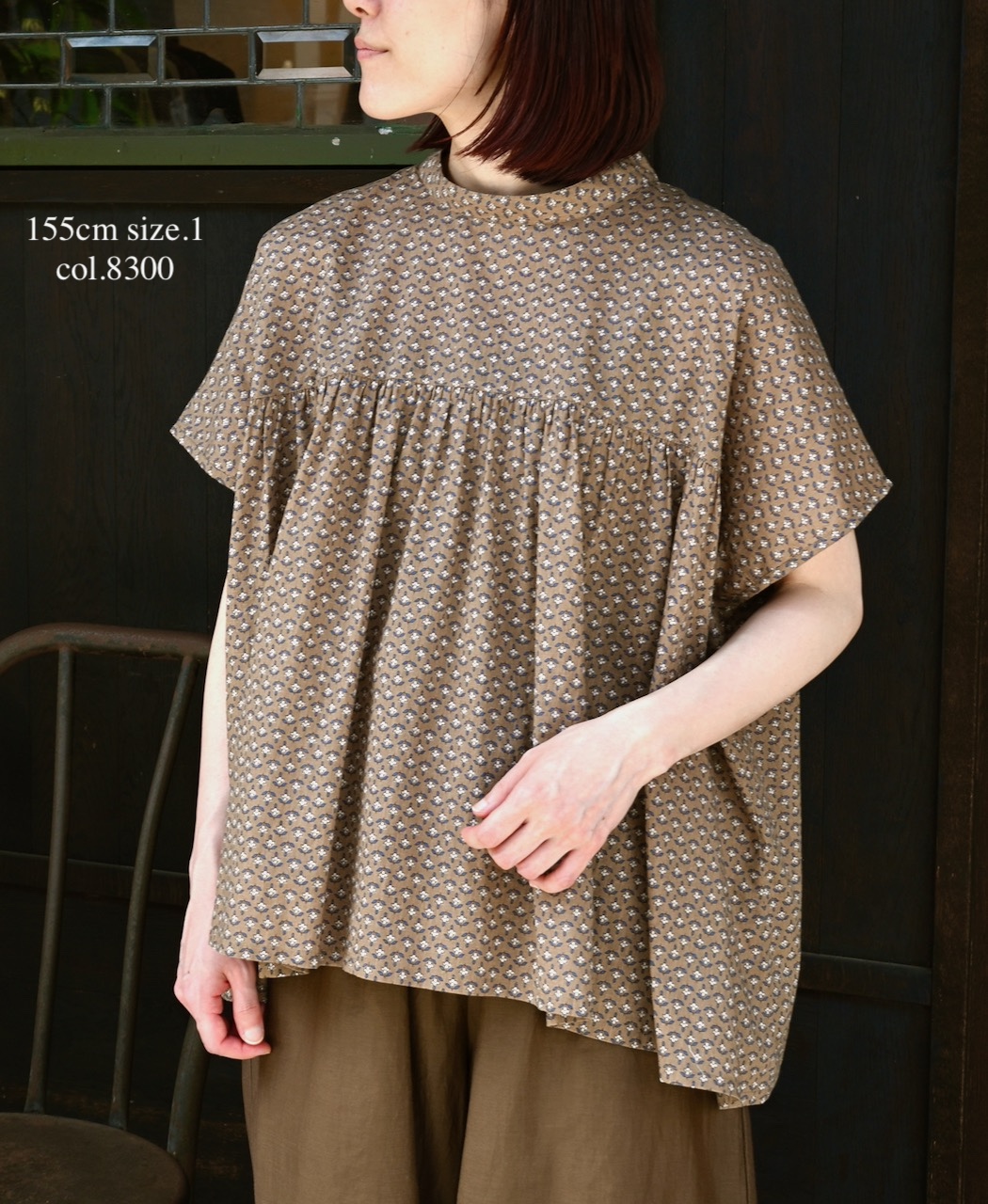 NSL26032(シャツ) COTTON SLUB SMALL FLOWER PRINT BACK OPENING STAND COLLAR SHIRT