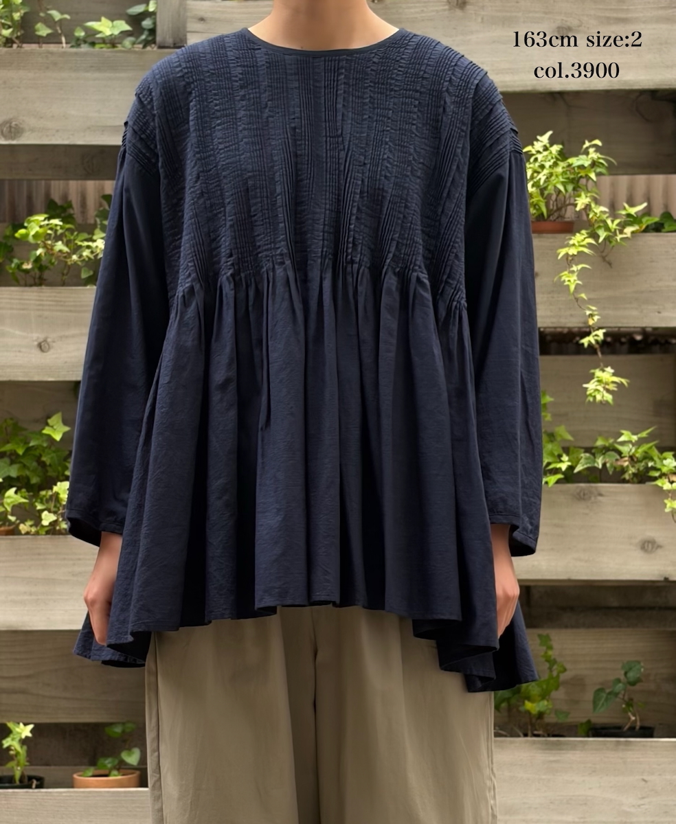 INMDS26052(シャツ) HANDWOVEN COTTON HAKEME CREW NECK 3/4SL SHIRTS WITH RANDOM PLEATS