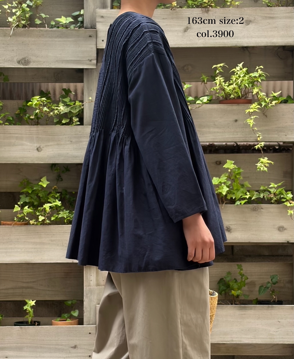 INMDS26052(シャツ) HANDWOVEN COTTON HAKEME CREW NECK 3/4SL SHIRTS WITH RANDOM PLEATS