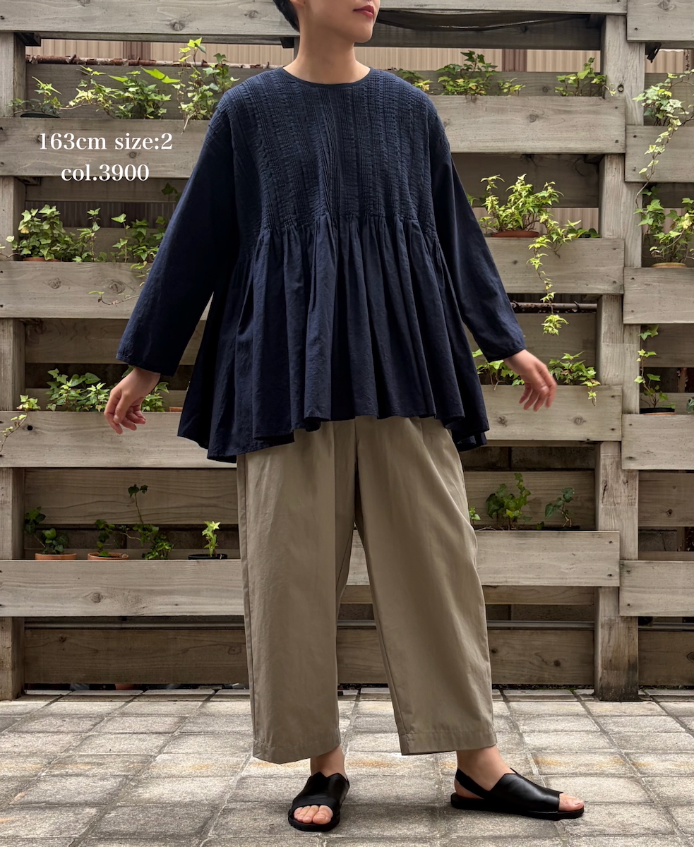INMDS26052(シャツ) HANDWOVEN COTTON HAKEME CREW NECK 3/4SL SHIRTS WITH RANDOM PLEATS