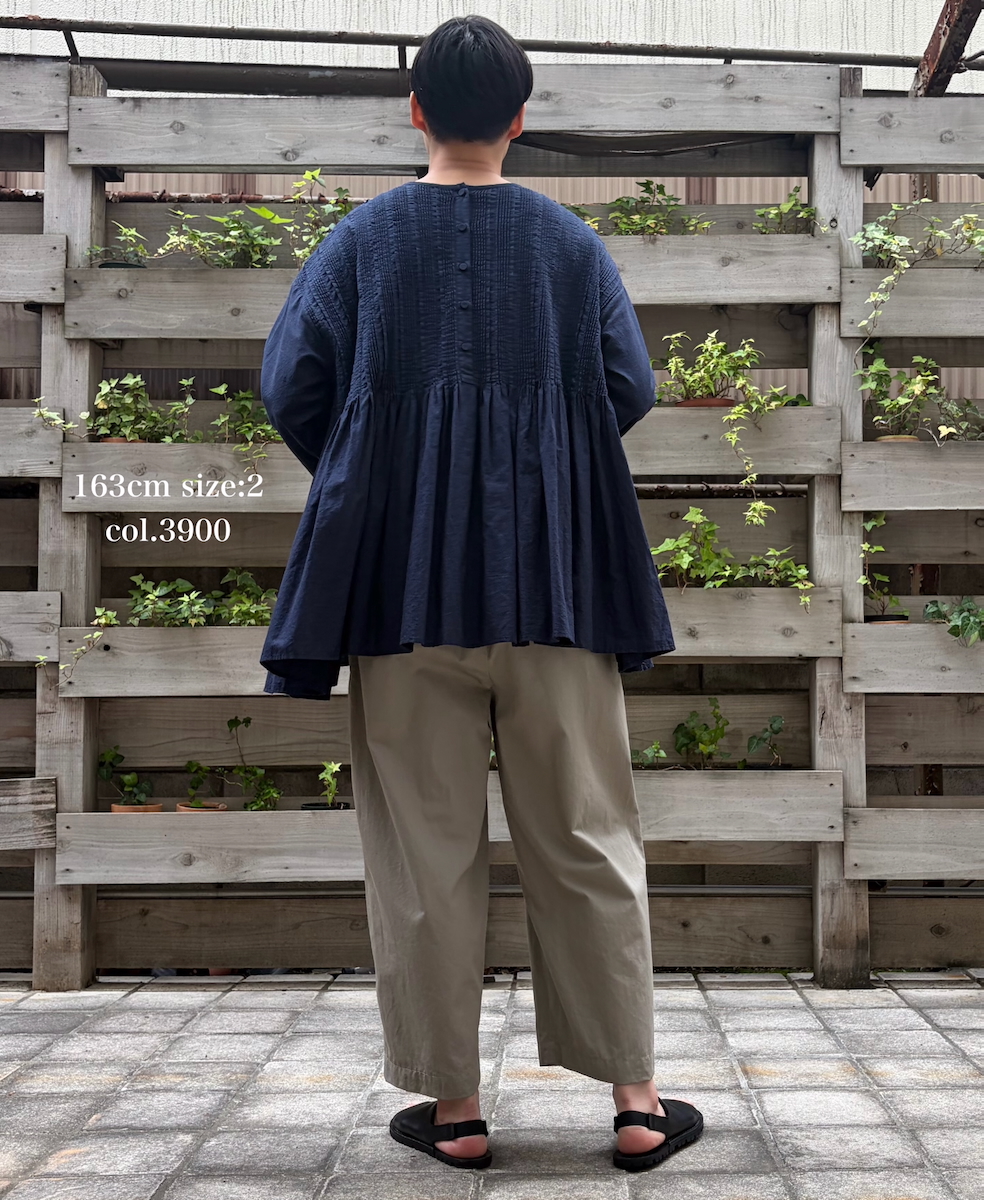 INMDS26052(シャツ) HANDWOVEN COTTON HAKEME CREW NECK 3/4SL SHIRTS WITH RANDOM PLEATS