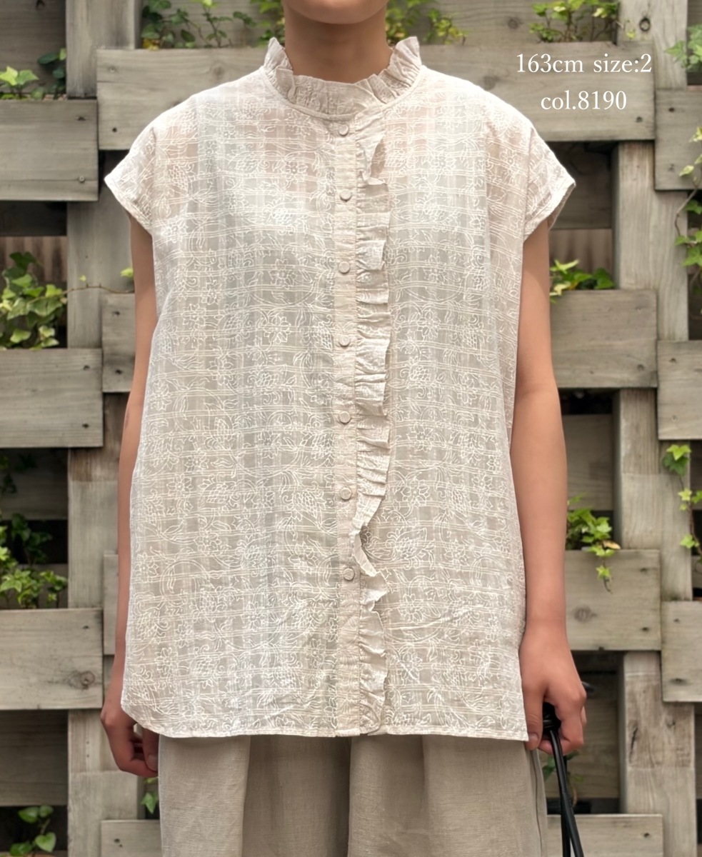 INMDS26092(シャツ) POWER LOOM COTTON DOBIE CHECK FLOWER HAND SCREEN PRINT FRENCH/SL FRILL COLLAR SHIRTS