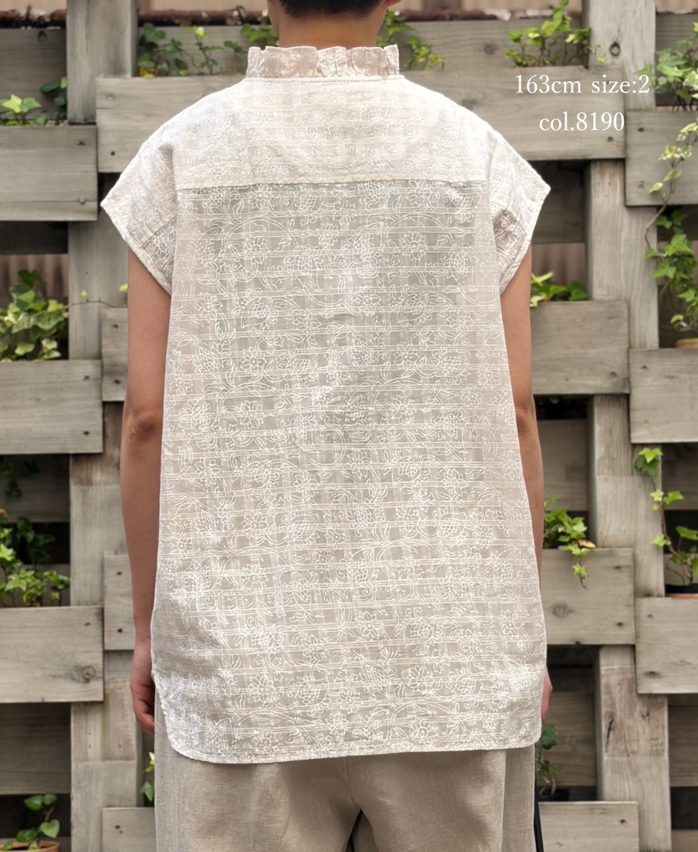 INMDS26092(シャツ) POWER LOOM COTTON DOBIE CHECK FLOWER HAND SCREEN PRINT FRENCH/SL FRILL COLLAR SHIRTS
