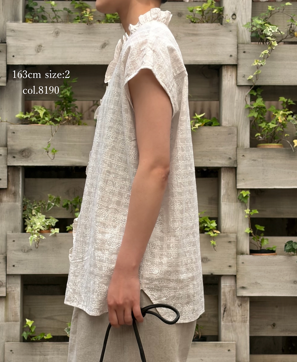 INMDS26092(シャツ) POWER LOOM COTTON DOBIE CHECK FLOWER HAND SCREEN PRINT FRENCH/SL FRILL COLLAR SHIRTS