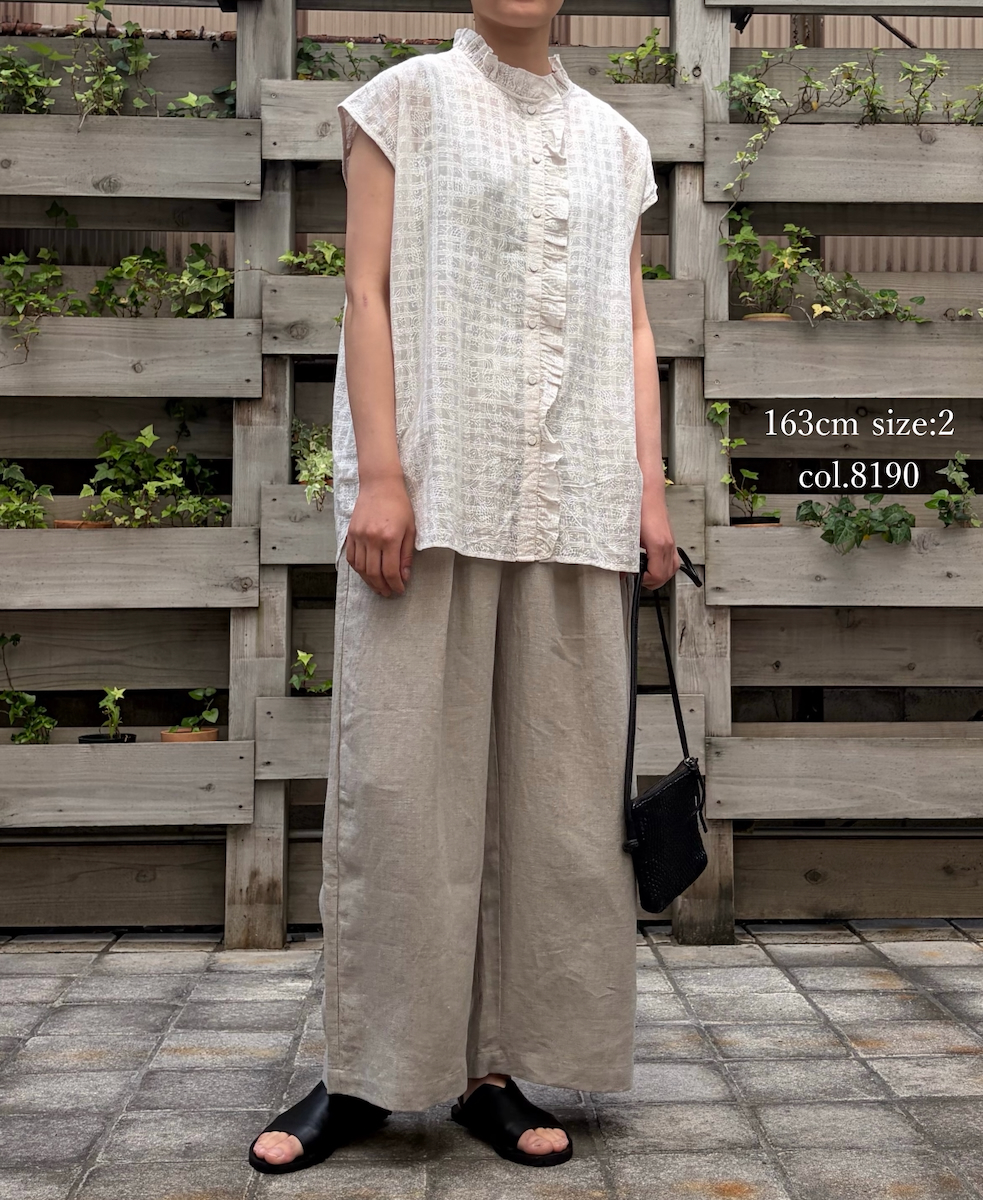 INMDS26092(シャツ) POWER LOOM COTTON DOBIE CHECK FLOWER HAND SCREEN PRINT FRENCH/SL FRILL COLLAR SHIRTS