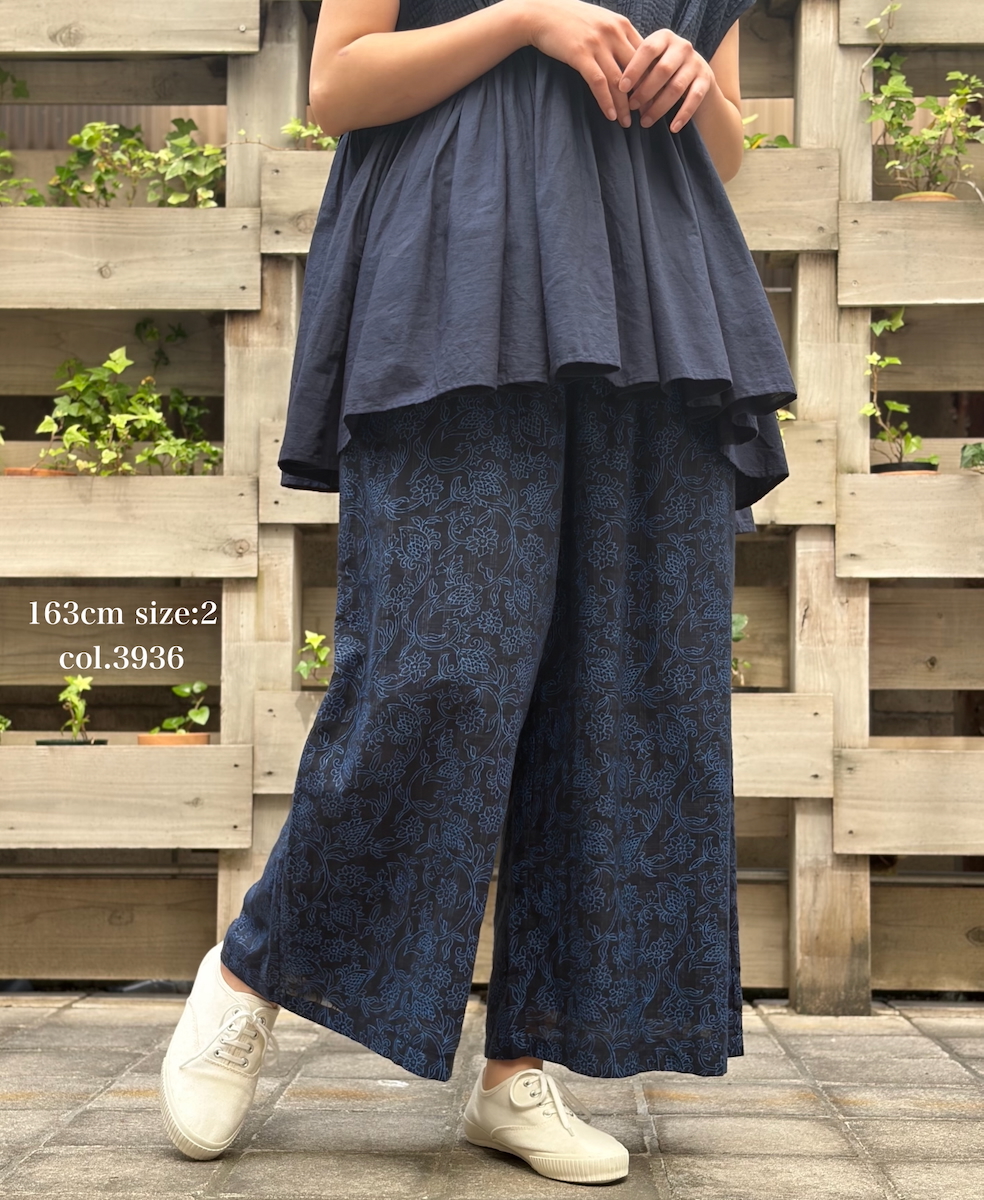 INMDS26095(パンツ) POWER LOOM COTTON DOBIE CHECK FLOWER HAND SCREEN PRINT EASY PANTS
