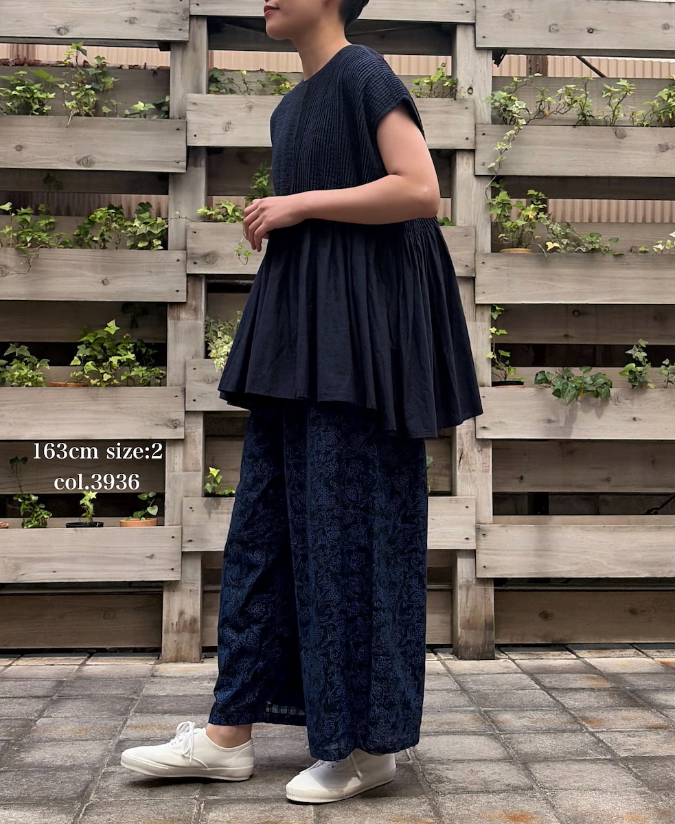 INMDS26095(パンツ) POWER LOOM COTTON DOBIE CHECK FLOWER HAND SCREEN PRINT EASY PANTS