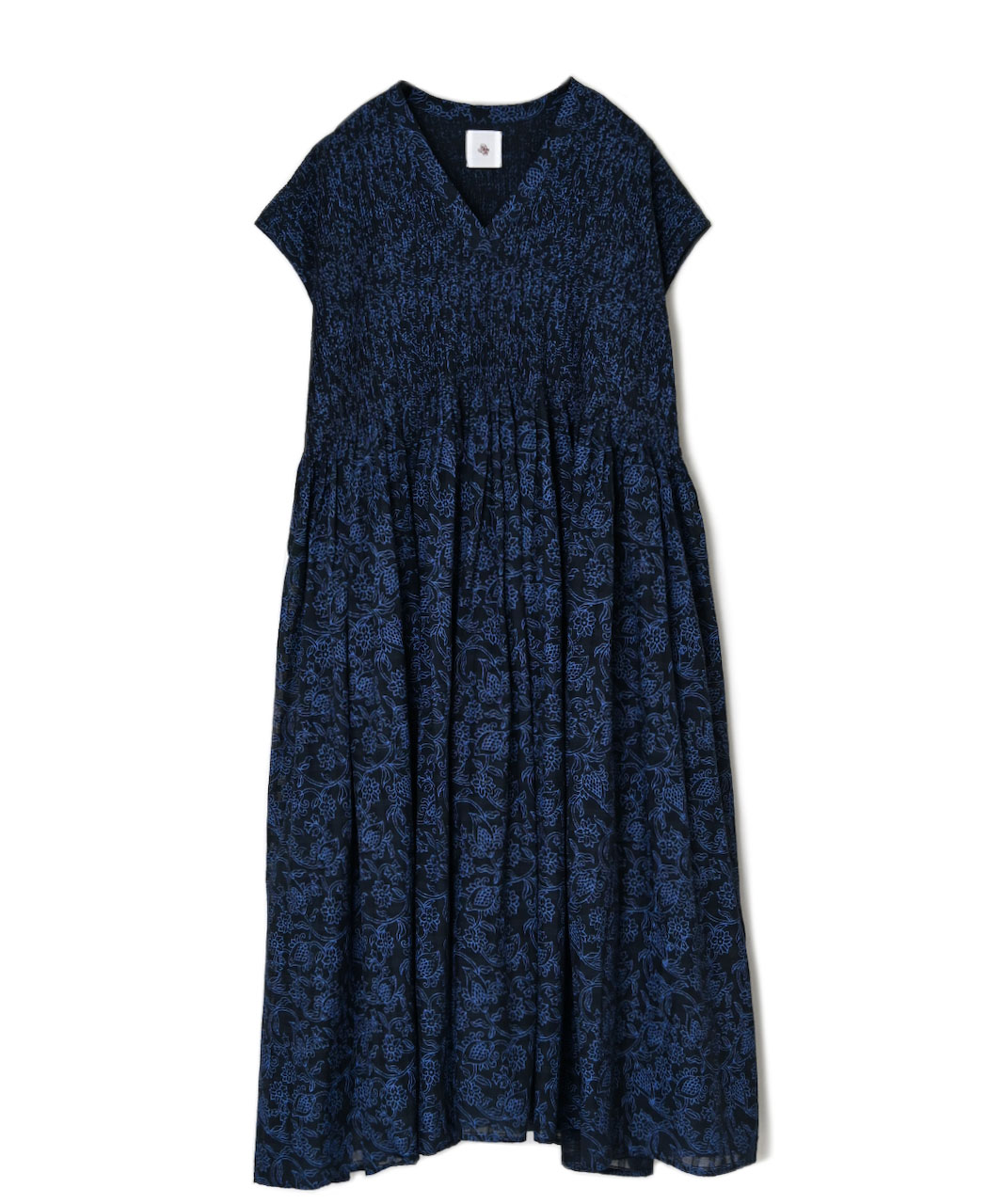 INMDS26097(ワンピース) POWER LOOM COTTON DOBIE CHECK FLOWER HAND SCREEN PRINT V-NECK FRENCH/SL PULLOVER DRESS MINI PINTUCK