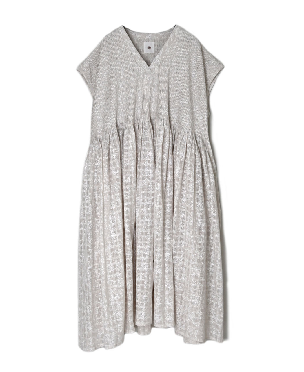 INMDS26097(ワンピース) POWER LOOM COTTON DOBIE CHECK FLOWER HAND SCREEN PRINT V-NECK FRENCH/SL PULLOVER DRESS MINI PINTUCK