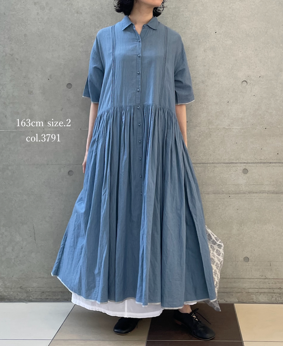 INMDS26064(ワンピース) HANDWOVEN COTTON STRIPE REGULAR COLLAR SHIRTS DRESS WITH RAJASTHAN GATHER