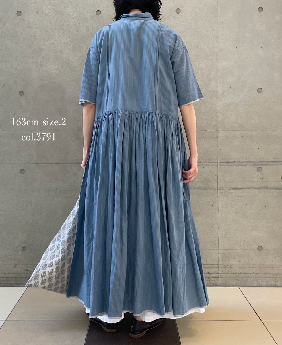 INMDS26064(ワンピース) HANDWOVEN COTTON STRIPE REGULAR COLLAR SHIRTS DRESS WITH RAJASTHAN GATHER