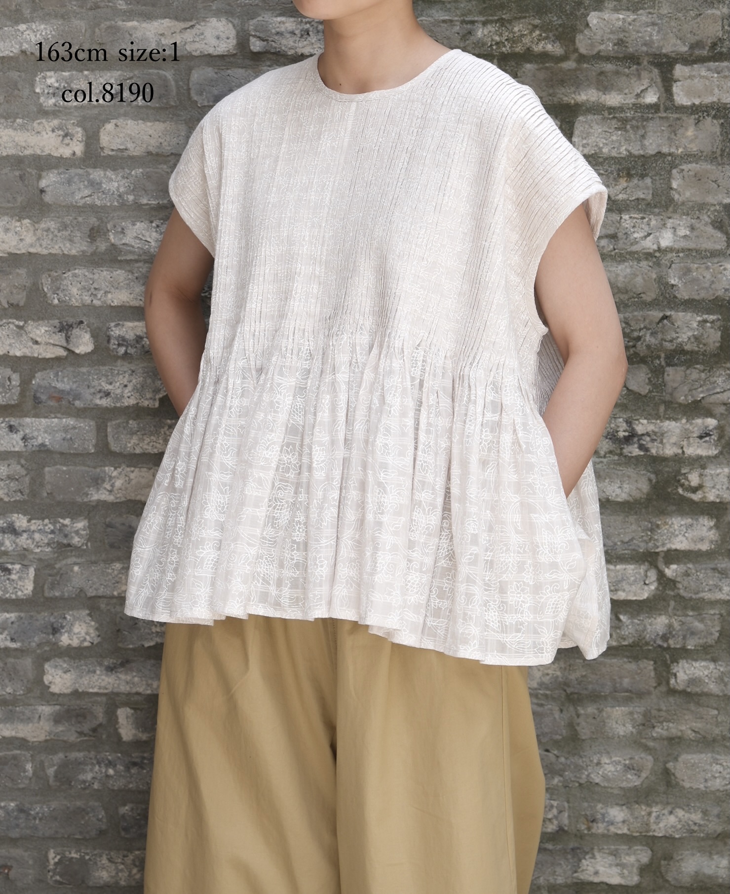 INMDS26096(シャツ) POWER LOOM COTTON DOBIE CHECK FLOWER HAND SCREEN PRINT CREW-NECK FRENCH/SL SHIRTS WITH PINTUCK