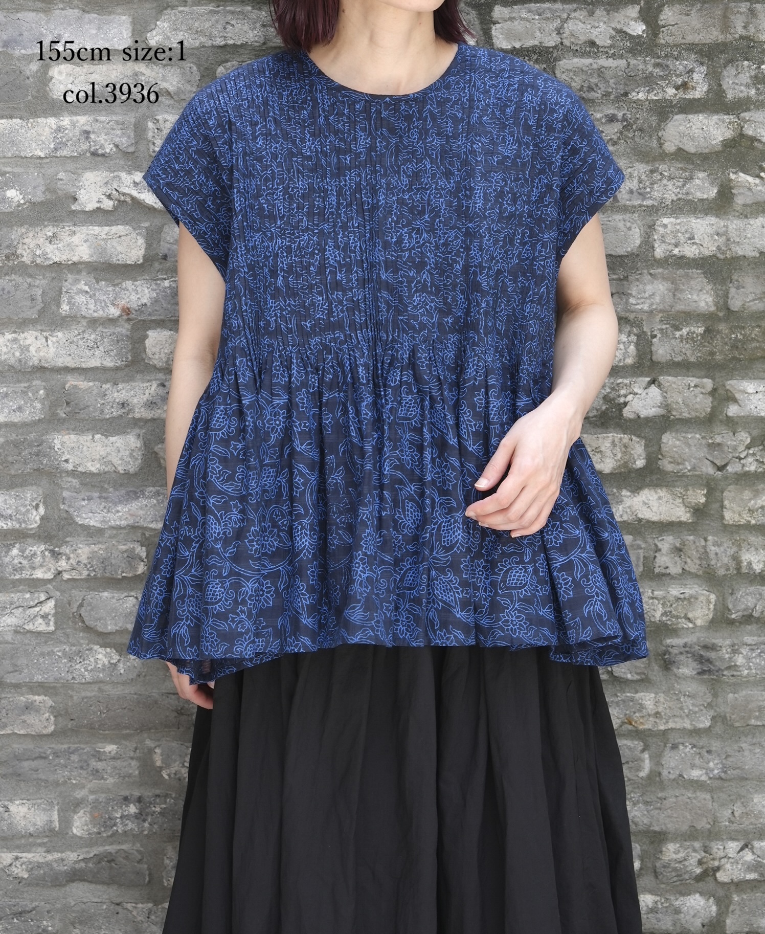 INMDS26096(シャツ) POWER LOOM COTTON DOBIE CHECK FLOWER HAND SCREEN PRINT CREW-NECK FRENCH/SL SHIRTS WITH PINTUCK