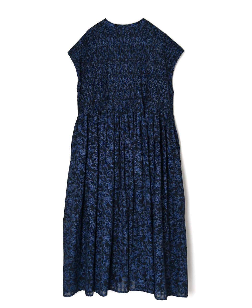 INMDS26097(ワンピース) POWER LOOM COTTON DOBIE CHECK FLOWER HAND SCREEN PRINT V-NECK FRENCH/SL PULLOVER DRESS MINI PINTUCK