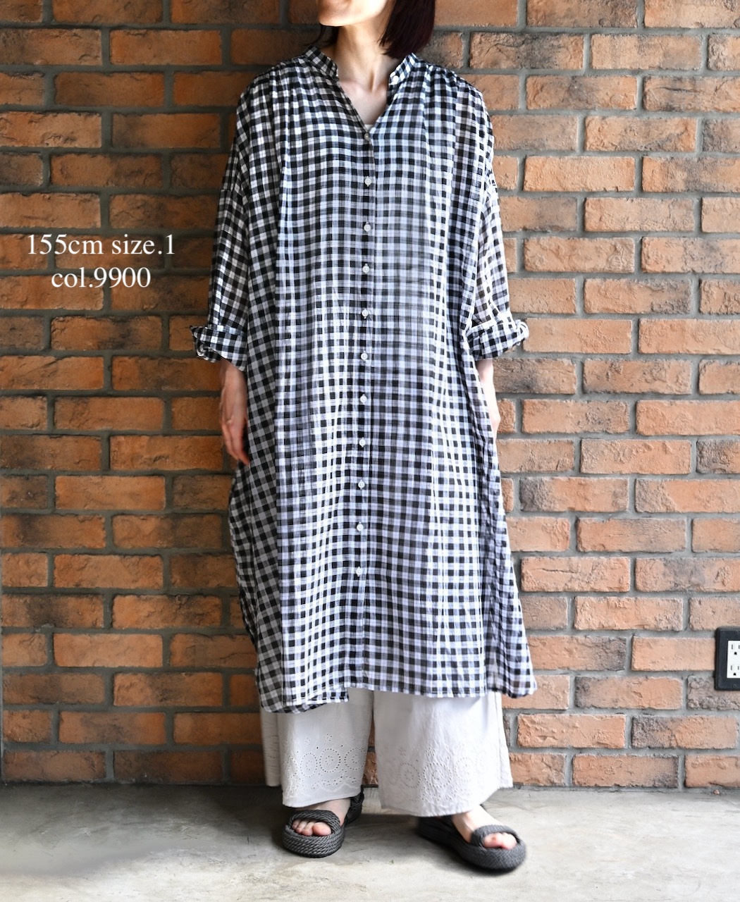 NSL26103(ワンピース) FANCY GINGHAM CHECK BANDED COLLAR GATHER SHIRT DRESS