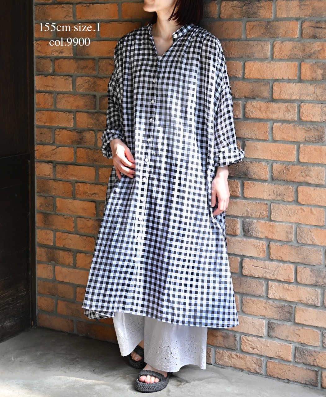 NSL26103(ワンピース) FANCY GINGHAM CHECK BANDED COLLAR GATHER SHIRT DRESS