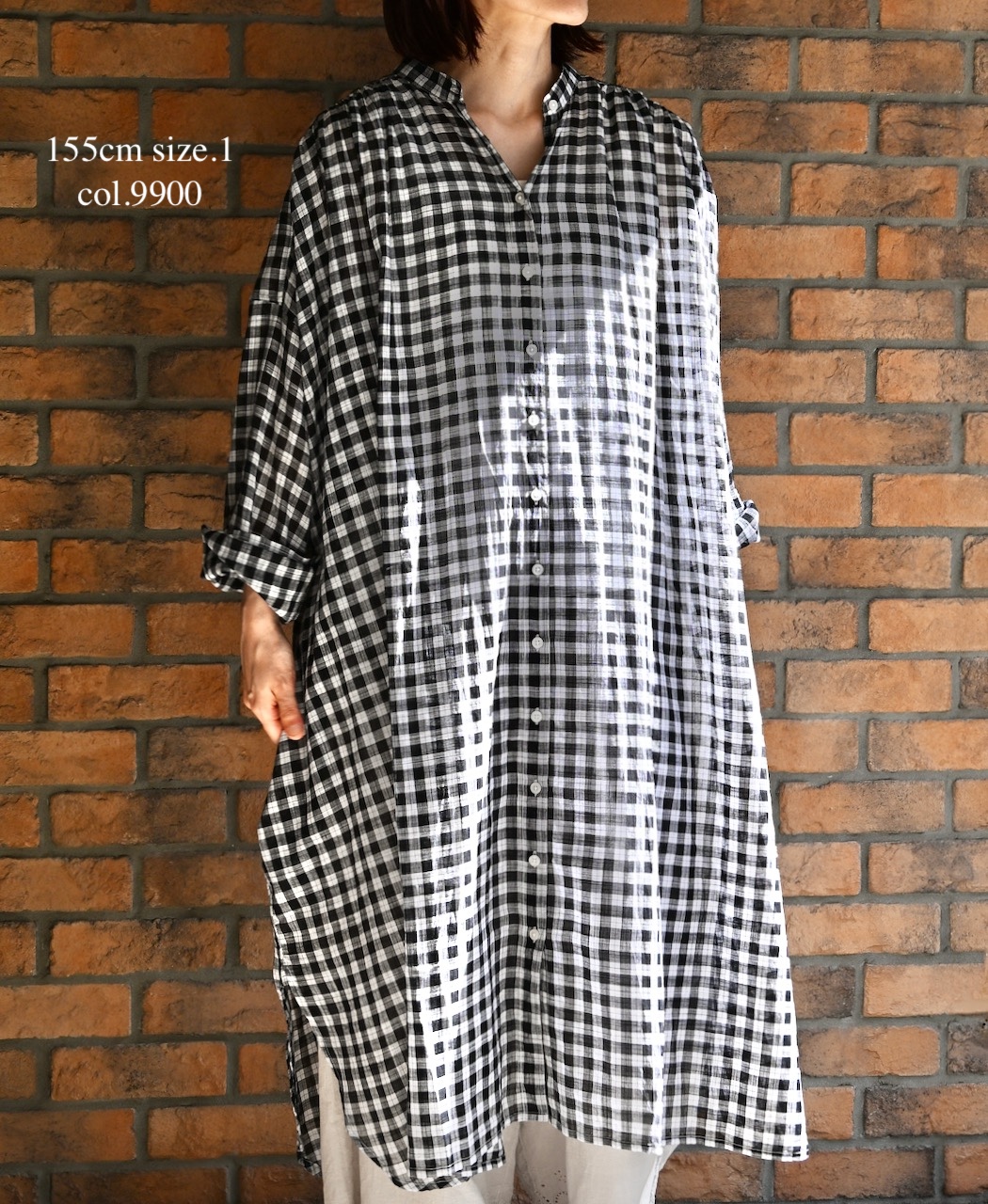 NSL26103(ワンピース) FANCY GINGHAM CHECK BANDED COLLAR GATHER SHIRT DRESS