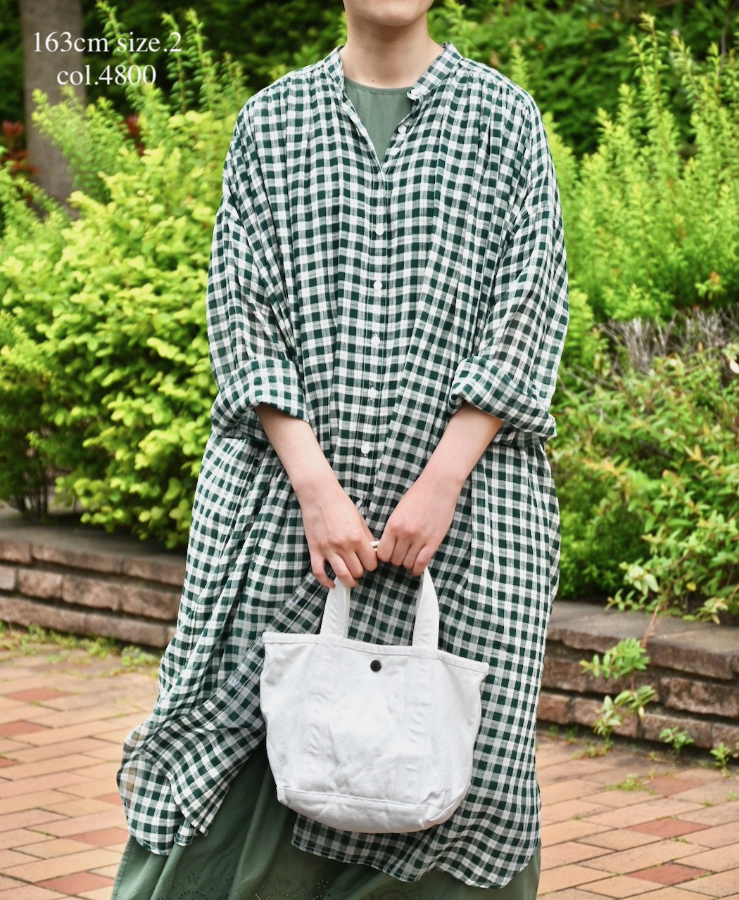 NSL26103(ワンピース) FANCY GINGHAM CHECK BANDED COLLAR GATHER SHIRT DRESS