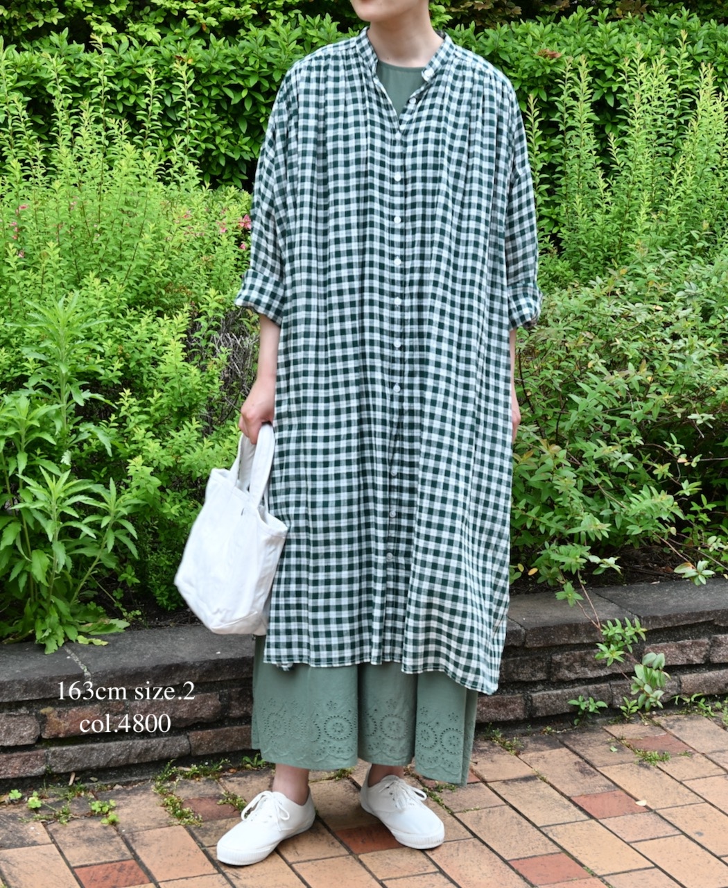NSL26103(ワンピース) FANCY GINGHAM CHECK BANDED COLLAR GATHER SHIRT DRESS