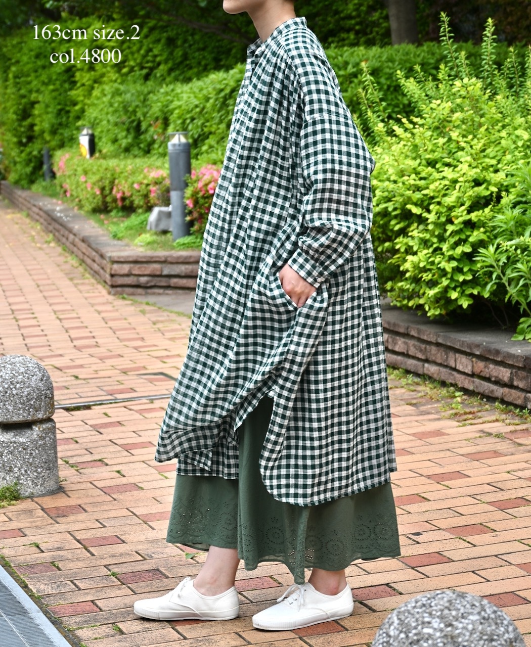 NSL26103(ワンピース) FANCY GINGHAM CHECK BANDED COLLAR GATHER SHIRT DRESS