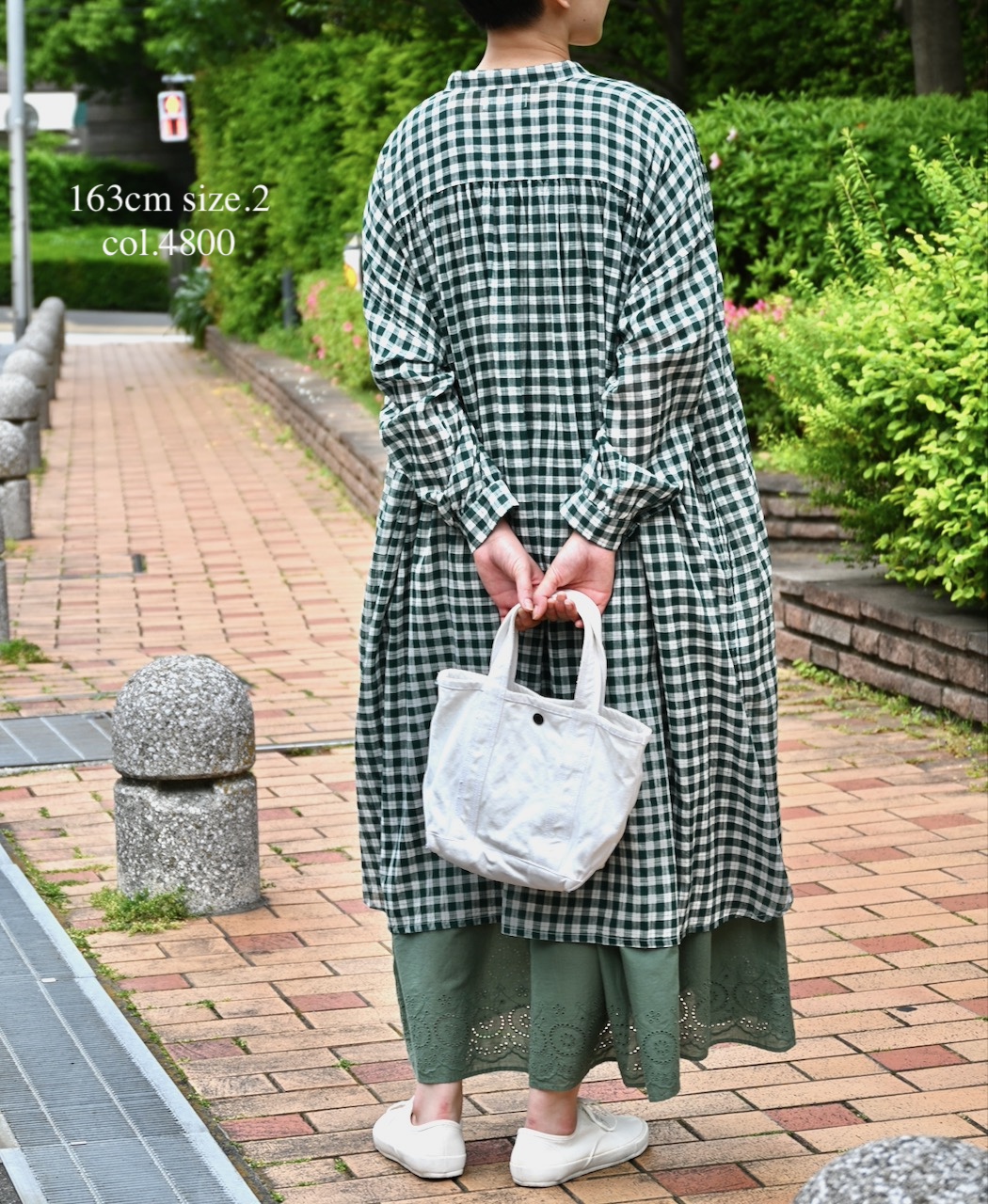 NSL26103(ワンピース) FANCY GINGHAM CHECK BANDED COLLAR GATHER SHIRT DRESS