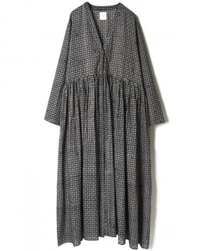 INMDS22044 (ワンピース) 80'S VOILE SMALL FLOWER BLOCK PRINT RAJASTHAN TUCK GATHERED WRAP DRESS