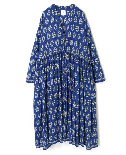 INMDS23054 (ワンピース) 80'S VOILE LARGE FLOWER BLOCK PRINT RAJASTHAN TUCK GATHERED WRAP DRESS