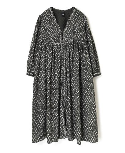 INMDS23723 (ワンピース) 60'S COTTON GENTIANA FLOWER BLOCK PRINT RAJASTHAN TUCK GATHERED V-NECK DRESS