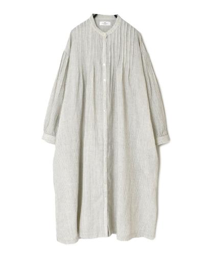 INSL22614 (ワンピース) WOOL/LINEN SMALL CHECK & STRIPE BANDED COLLAR PINTUCK DRESS