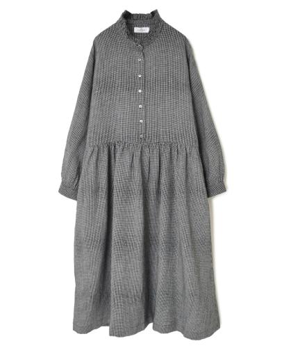 INSL23712(ワンピース) WOOL/LINEN SMALL CHECK&STRIPE FRILL COLLAR DRESS