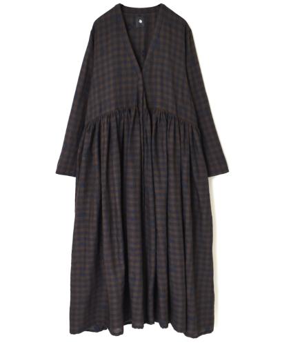 NMDS23604 (ワンピース) WOOL GINGHAM CHECK WITH JACQUARD RAJASTHAN TUCK GATHERED WRAP DRESS