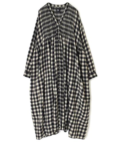 ●NMDS23594 (ワンピース) BOILED WOOL BIG GINGHAM CHECK V-NECK DRESS WITH MINI PINTUCK