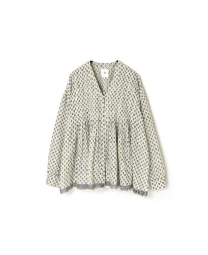 NMDS24181 (シャツ) 80'S COTTON VOILE SMALL FLOWER BLOCK PRINT V-NECK FRONT OPENING INVERTED PLEATS SHIRT