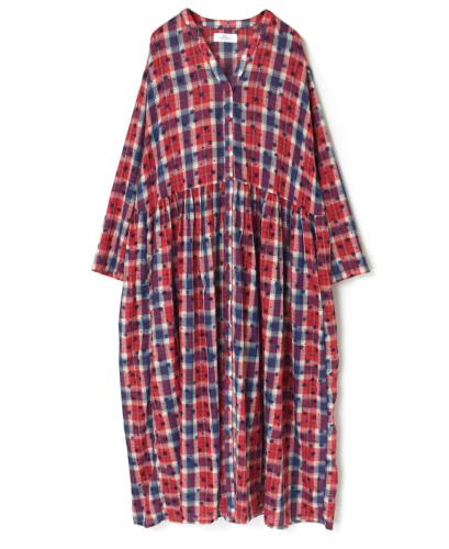 NSL24064 (ワンピース) COTTON YARN DYE CHECK WITH NAVY FLOWER PRINT V-NECK GATHERED DRESS