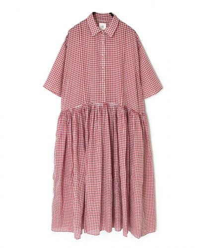 INMDS25023(ワンピース) HANDWOVEN COTTON/SILK GINGHAM CHECK REGULAR COLLAR DRESS WITH RAJASTHAN TUCK GATHERER
