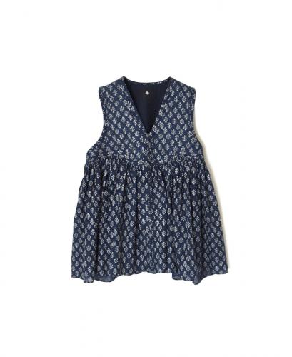 NMDS25552(シャツ) 80s COTTON VOILE FLOWER BLOCK PRINT RAJASTHAN TUCK GATHERED V-NECK NO/SL SHIRT